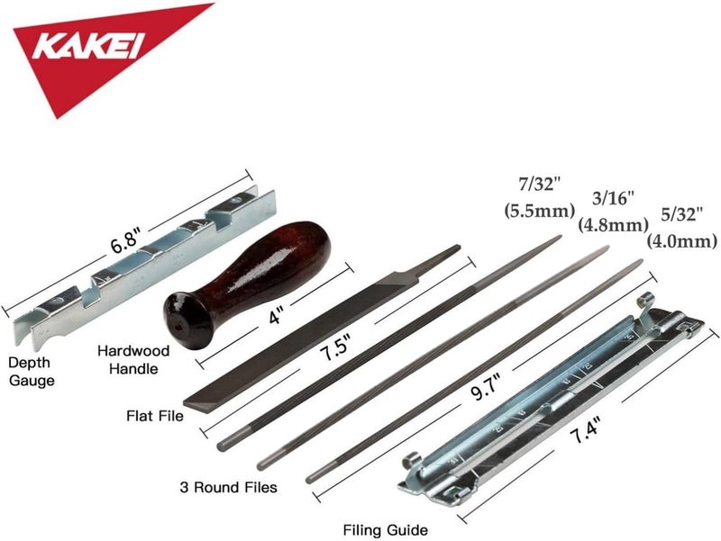 KAKEI Chainsaw Sharpening File Kit, Chainsaw Chain Sharpener - 8 Packs - 3 Round Files(5/32-Inch, 3/16-Inch, 7/32-Inch), Flat File, Depth Gauge Tool, Filing Guide, Wood Handle, Travel Pouch - Image 2